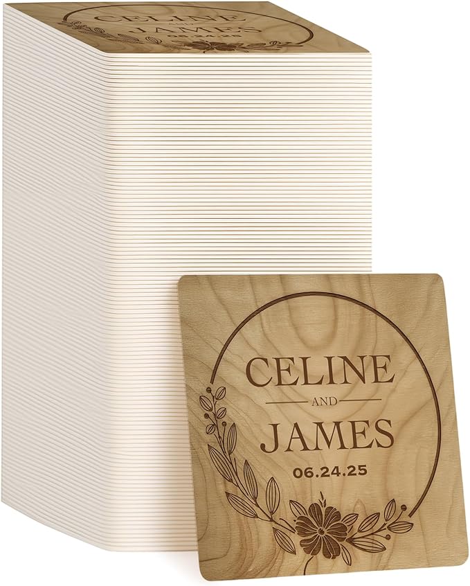 100 Pack Personalized Wedding Coasters, Custom Cardboard Coasters for Drinks with Photo Print and Text, Keepsake Wedding Favors and Gifts for Couples, 4x4 Square, Design 2