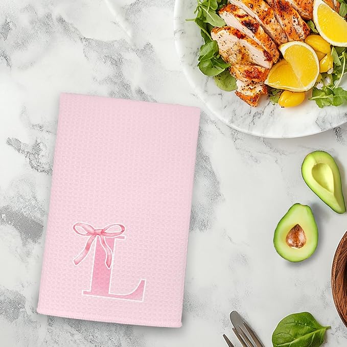 Monogrammed Initial L Hand Towels for Bathroom, Personalized Gifts for Women Girls Birthday Christmas, Coquette Preppy Pink Bows Waffle Kitchen Dish Tea Towels with Initial, 16x24 Inch