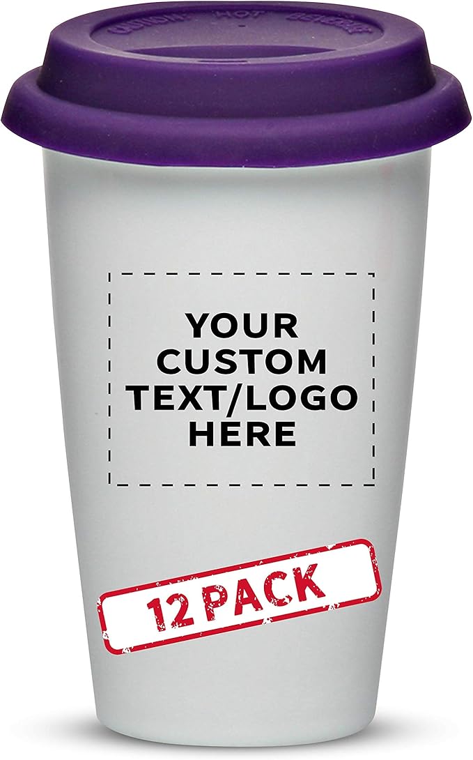 Personalized 11 oz. Double Wall Ceramic Tumblers with Lid - 12 Pack - Custom Text, Logo - Purple