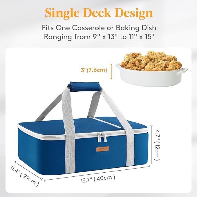 LUNCIA Insulated Single Decker Casserole Carrier, Lasagna Lugger Tote Keeps Food Hot or Cold, Thermal Lunch Bag for Potluck Parties, Picnic and Cookouts, Fits 9" x 13" Baking Dish, Pure Blue