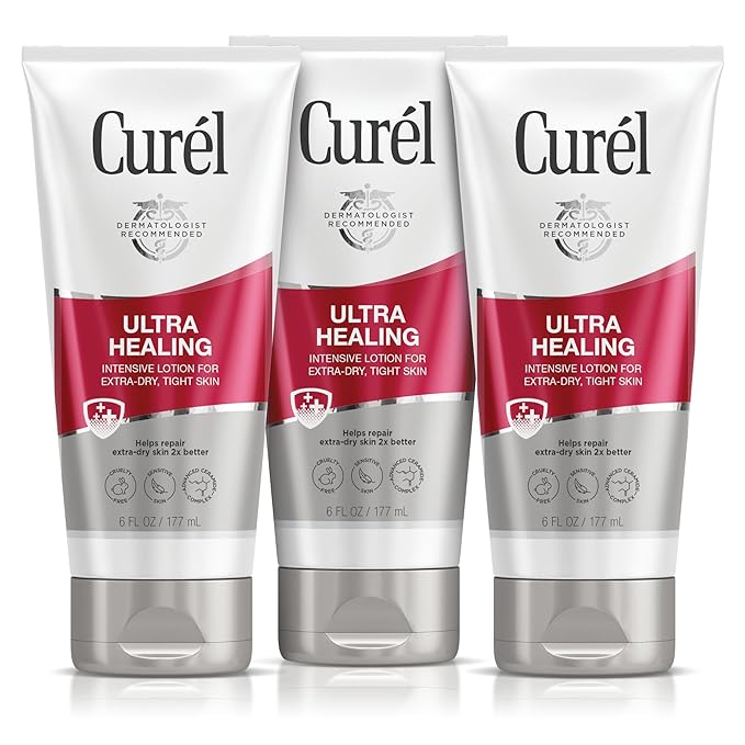 Curel Ultra Healing Lotion for Sensitive and Dry Skin, Hand and Body Lotion Repairs Moisture Barrier, Ceramide Moisturizer, Fragrance-Free, Dermatologist Recommended, Travel Size, 6 Oz (Pack of 3)