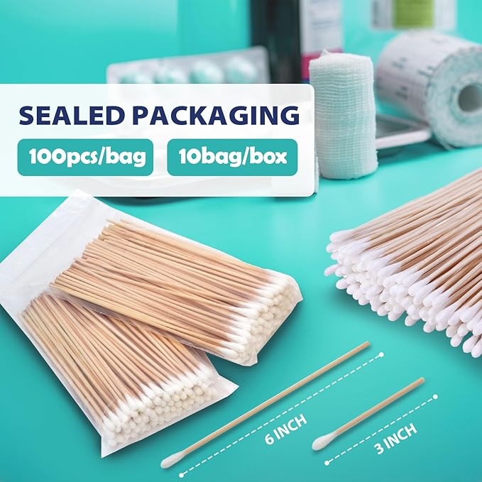 1000 PCs Long Cotton Swabs with Bamboo Wooden Handles 3 Inch Cotton Tipped Applicator by VASTMED | Ideal for Application of Medication, Cleaning Skin, Arts and Crafts Remover Tool