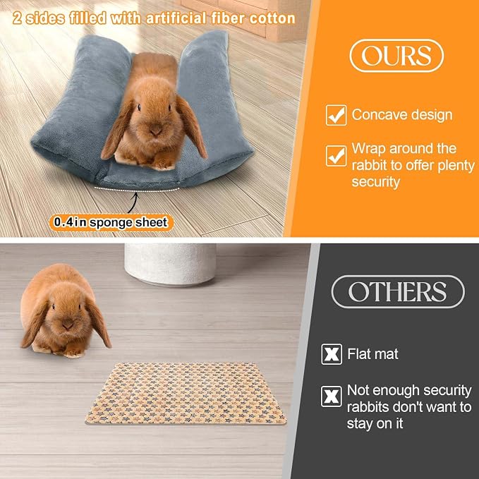 MEWTOGO 15.7" x 14" Bunny Bed for Rabbit Cage, Thickened & Soft | Prevent Sore Hocks Plush Mat with Cotton Lounger Pillows, Small Animal Flop Mat for Hutch Sleeping Indoor, Gray