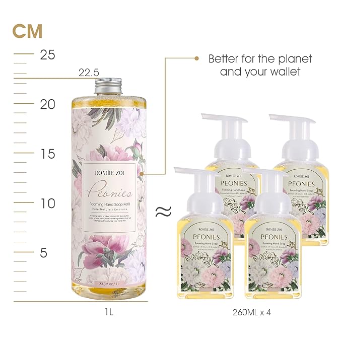 ROMIIE ZOI Foaming Hand Soap Refills 3-Pack (33.8 Fl Oz x 3) with Refilable Dispenser Peony Scented–Chemical-Free for Sensitive Skin, Bulk Refill Bottles for Bathroom & Kitchen Use