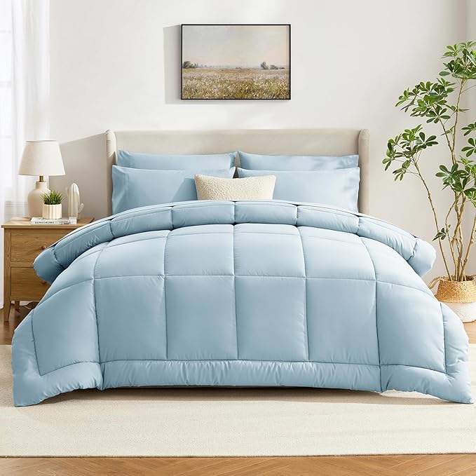 CozyLux Twin XL Comforter Set Light Blue, 5 Pieces Twin Extra Long Bed in a Bag for College Dorm, All Season Bedding Set with Stitch Quilted Comforter, Flat Sheet, Fitted Sheet, Pillowcases