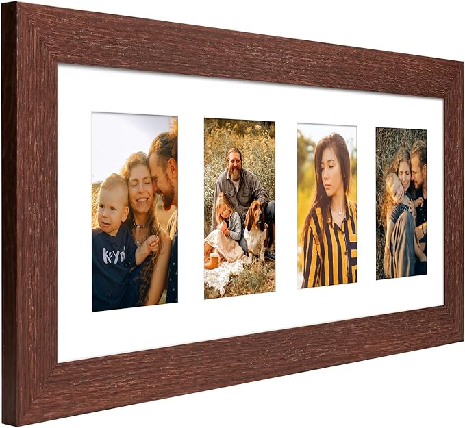 8x20 Picture Frame Display 4 opening 4X6 Picture Frame Collage,Multi Photo Frame with Mat,Plexiglass,Wall or Tabletop Decor,Walnut Wood Grain