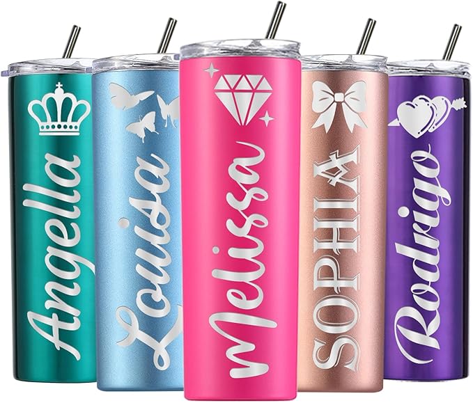 Personalized Skinny Tumbler with Lid and Straw Custom Engraved Insulated Stainless Steel Cup with Name Text Customized Gifts for Women Men Him Her Dad Mom 20oz