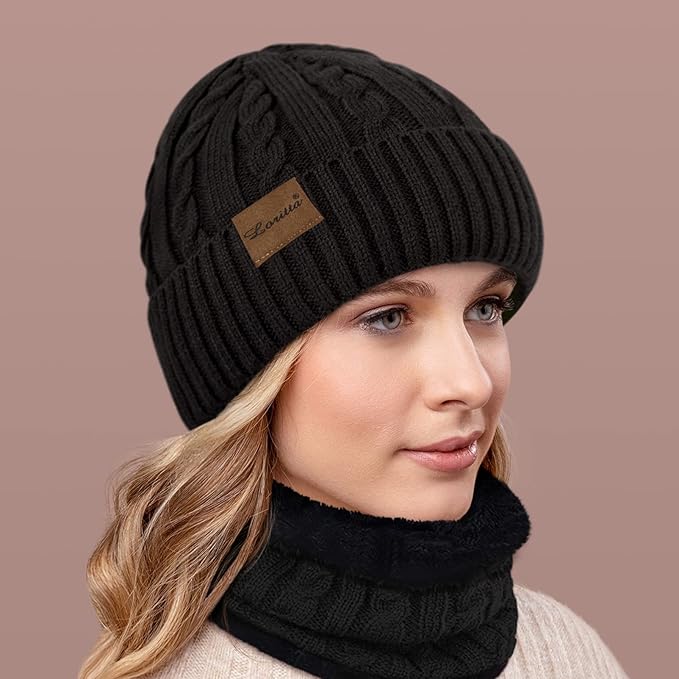 Loritta 3 Pieces Winter Hats for Women Scarf Touch Screen Gloves Set Thick Warm Fleece Lined Beanie Hat Gifts