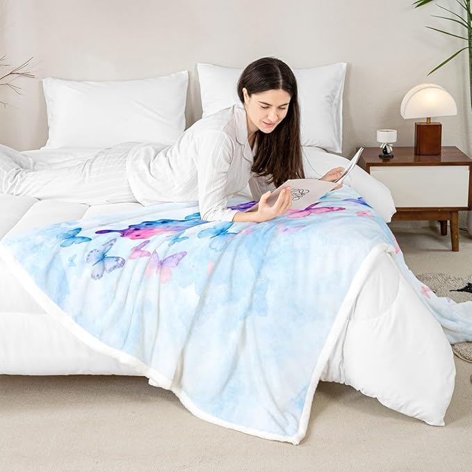 Feelyou Butterfly Fleece Throw Blanket Baby 30"x40" Kids Butterflies Lover Sherpa Blanket Plush Fuzzy for Bed Couch Chair Living Room, Purple Blue Watercolor Bed Blanket Gorgeous Room Decor