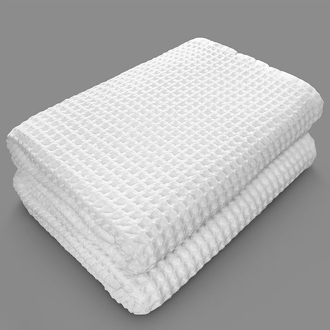 Softerry European Waffle Weave Bath Towel Set - 100% Organic Cotton - Quick Dry Lint Free Thin and Absorbent - Fade Resistant - Eco-Friendly (Set of 2 Bath, White)