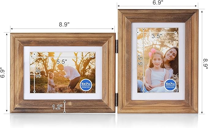 5X7 Double Wooden Hinged Picture Frame Horizontal and Vertical in Distressed Farmhouse Wood Grain, Display 4x6 with Mat or 5x7 without Mat, Folding Photo Frame with Real Glass Front for