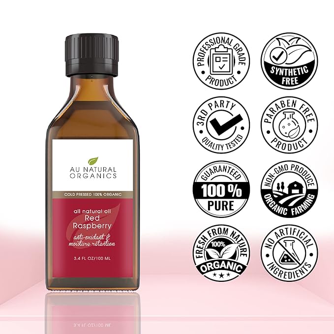 Au Natural Organics Red Raspberry Seed Oil - Natural Face, Body & Skin Care Beauty Oil - Rich in Omega 3-6-9 Fatty Acids - Moisturize & Rejuvenate | 3.4oz / 100ml