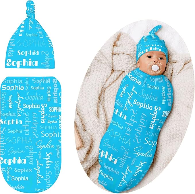 Swaddle Blanket with Hat Set Newborn Name Lettering Blue Receiving Blankets Baby Swaddle Wrap Soft Sleep Sack for Baby Boys and Girls