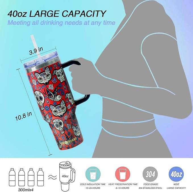 Jormungand 40 oz Tumbler with Handle and Straw, Vacuum Insulated Stainless Steel Cup & Water Bottle, Leakproof Lid, BPA-Free, Cup Holder Friendly for Travel, Keeps Drinks Hot & Cold Red Sugar Skull