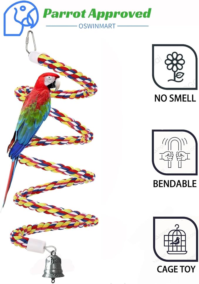 63'' Bird Rope Perches Birdcage Swing Toys 100% Cotton Natural Bird Perch Peck/Chewing with Vintage Bell Climbing Standing Bungee Parrot Toys for Small to Regular Size Parrot Cockatiel Birds