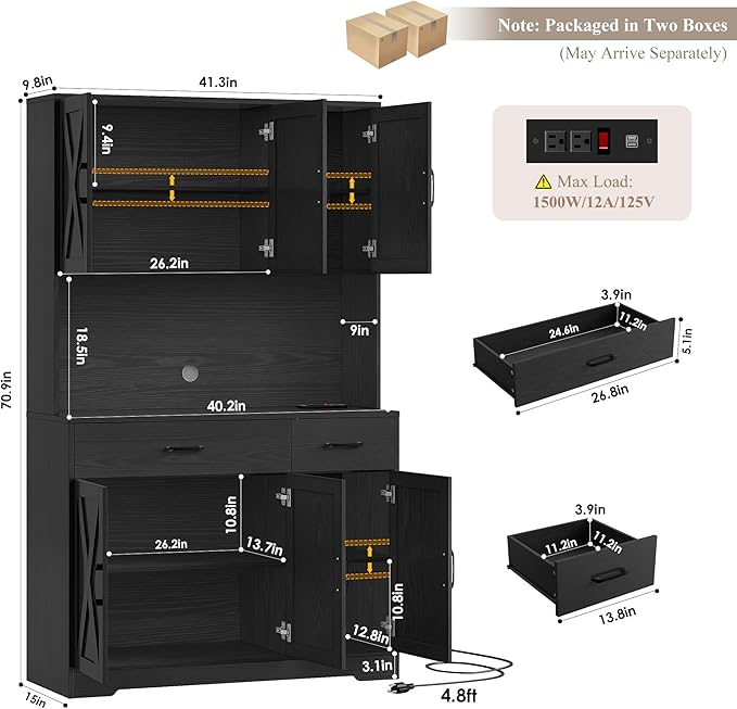 HOSTACK 71" Pantry Cabinet with Charging Station, Tall Kitchen Pantry Storage Cabinet with Microwave Stand, Farmhouse Kitchen Hutch with Storage Drawers for Living Room, Dining Room, Black Wood Grain