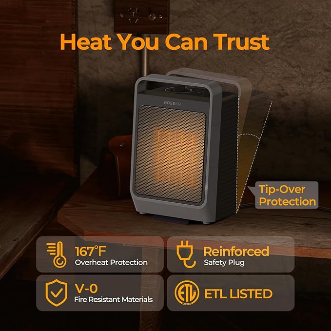 Space Heaters for Indoor Use, 1500W Portable Electric Heater with Thermostat, Ceramic Heater for Room Bedroom Office Under Desk with 3 Heating Levels, Safe Tip-Over Protection (Grey)