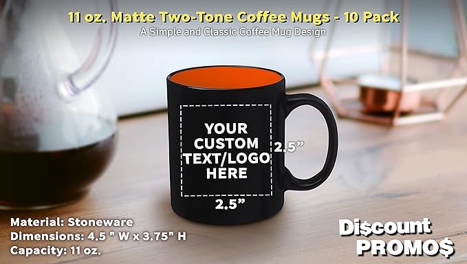 DISCOUNT PROMOS 10 Matte Two-Tone Coffee Mugs Set, 11 oz. - Customizable Text, Logo - Stoneware, Drinkware, Durable, C-handle - Orange