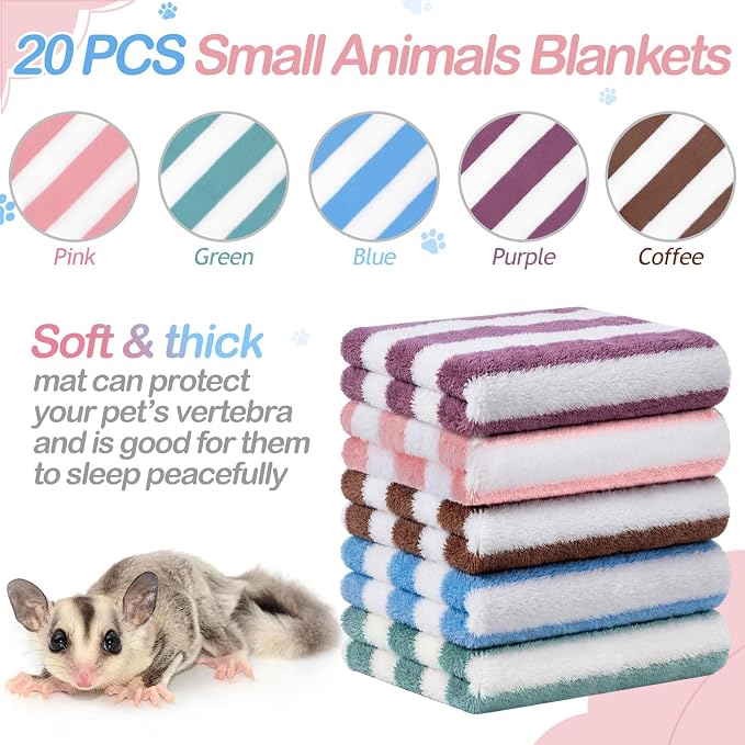 Moukeren 20pcs Guinea Pig Blankets, 12 x 12 Inch, Striped Style, Multicolor | Washable Reusable Bedding Pads for Small Animals, Soft Absorbent Mats for Guinea Pig, Rabbit, Hamster, Hedgehog & Chinchilla