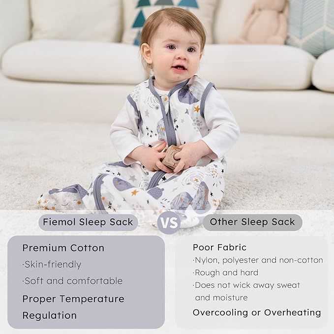 Baby Sleep Sack 12-18 months, 100% Cotton Sleeping Sack for Newborn and Infant, 3 Pack Baby Wearable Blanket for Boy and Girl, 0.5 Tog Lightweight Double Zipper Sleep Bag Grey Moon Bear