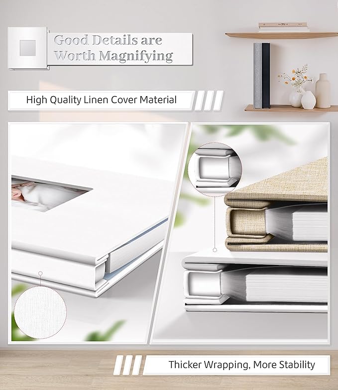 Photo Album Self Adhesive Scrapbook Album for 3x5 4x6 5x7 8x10 Pictures,40 Pages Linen Cover with Display Window DIY Photo Book,Ideal Gifts for Family Travel Wedding Baby