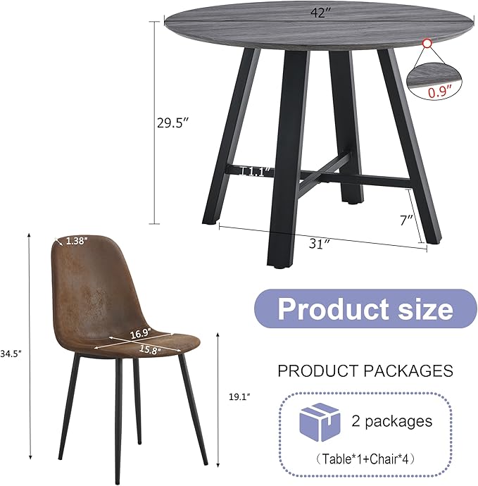 Modern Round Dining Table & Chairs Set for 4, 42" Wood Table with Upholstered Brown PU Leather Chairs for Kitchen, Dining Room & Small Spaces