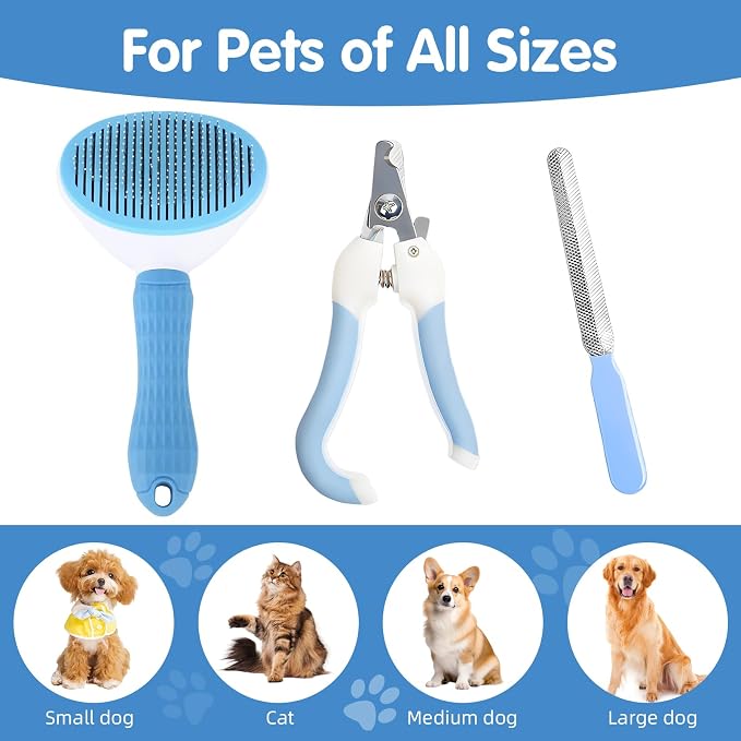 Aglads 3PCS Cat Rabbit Bunny Dog Grooming Kit, Self-Cleaning Slicker Cat & Dog Brush for Shedding, Fine-Needle Comb, Pet Nail Clipper & File for Long/Short-Haired Pets, Easy to Remove Loose (3, blue)