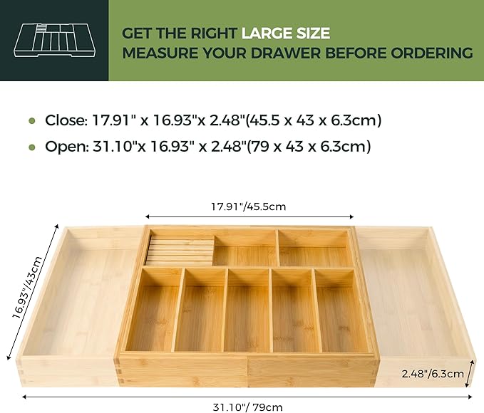 VaeFae Extra Large Kitchen Utensil Holder, Bamboo Silverware Drawer Organizer, Expandable Cutlery Organizer with Knife Block, Multifunctional Wooden Drawer Divider