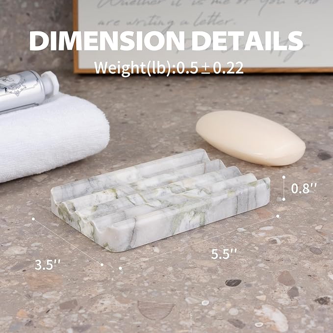 2 Pcs Soap Holder for Bathroom, Marble Soap Dish for Kitchen Countertop, Tray with Creative Wavy Design, Soap Saver for Bath Tub, Sponges, Italian Natural Stone(Bianco Palomino)