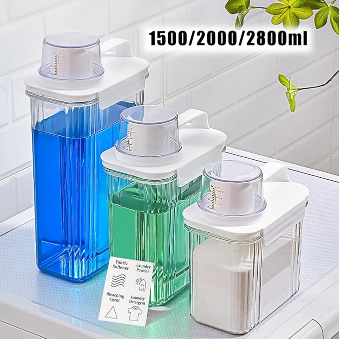 [2 Pack] Laundry Detergent Dispenser for Laundry Room Organization and Storage, 2800ml Laundry Soap Dispenser，Liquid Laundry Detergent Dispenser with 4 Removable Labels, BPA Free & Pet Plastic, Clear