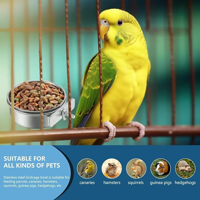 2Pcs Stainless Steel Bird Feeding Bowls, Parrot Food Water Feeder Cage Cup Holder Dia 3.93",4.72"