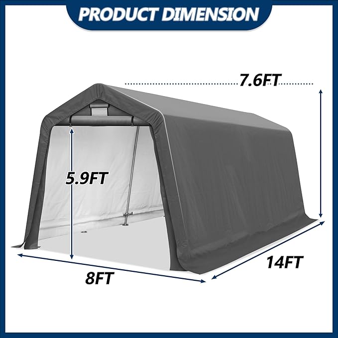 COVERONICS 8' x 14' Outdoor Storage Shed - Heavy Duty Portable Shelter Carport with Ventilation Windows and Roll-up Doors, Storage Shelter Tent for Motorcycle, Bike, Lawnmower and Garden Tools, Grey