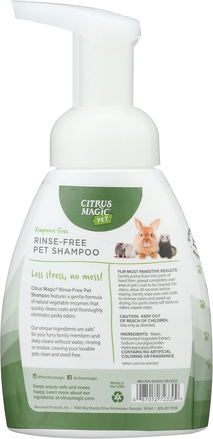 Citrus Magic Pet Rinse-Free Pet Shampoo, 8 Fluid Ounce | Conditions & Deodorizes Coats, Ideal for Dogs, Cats, Ferrets, Hamsters, Rabbits, Kittens