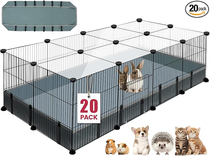 VISCOO 20 Panels Small Animal Playpen, 48" x 24" x 16" Rabbit Cage | Guinea Pigs Cages with Waterproof Mat, C&C Cage for Guinea Pigs,Bunny/Puppy/Pen Indoor Outdoor Portable Metal Fence
