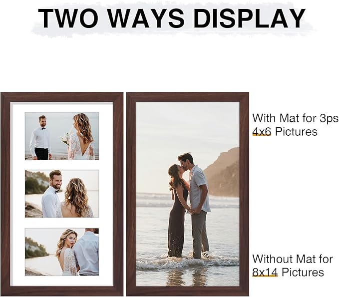 Vittanly 8x14 Picture Frames Collage Wall Decor, Displays 3Pcs 4x6 Pictures with Mat or 1Pcs 8x14 without Mat, Collage Picture Frame for Horizontal or Vertical Display, Brown, 1 Pack