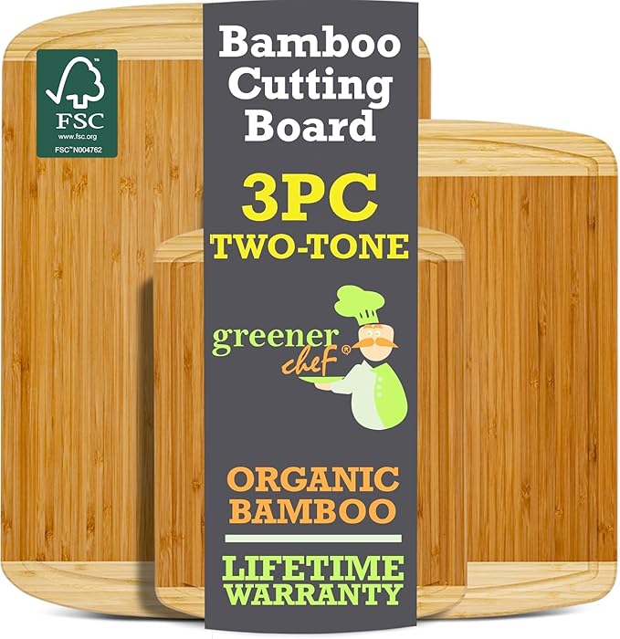 Organic Extra Large Bamboo Cutting Board Set of 3 with Lifetime Replacements – Premium Wooden Kitchen Boards for Chopping, Carving & Serving, Non-Toxic & Durable – by Greener Chef