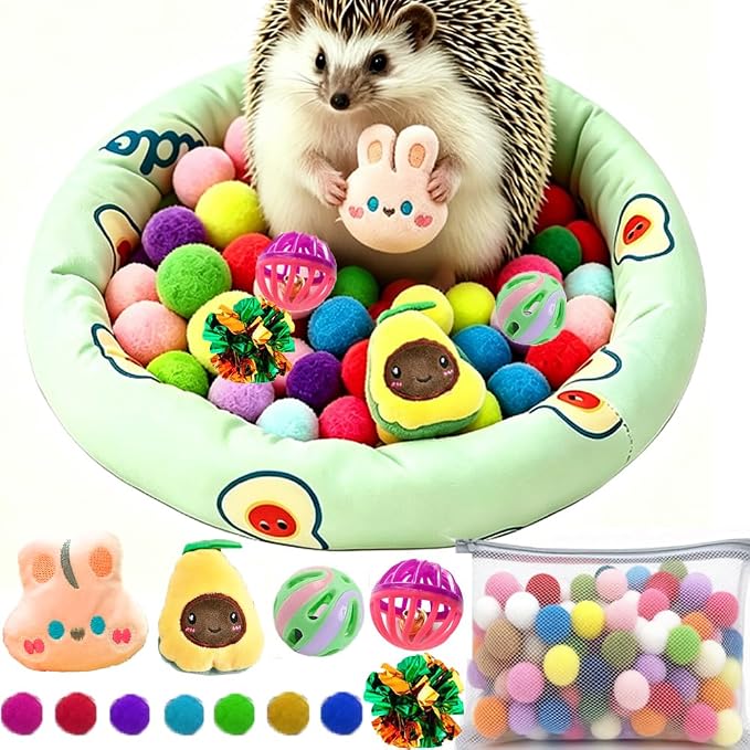 Hedgehog Accessories Dig Box Cage Set with Ball Toy, Cozy Bed, 100 Colorful Cotton Balls, Cute Hedgehog Enrichment Toys Hedgehog Supplies Ball Bell
