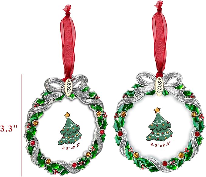 Christmas Tree Ornament Picture Frame Metal Hanging Pendant Holiday 2.5" Photo Frame Charm Decorative of Pets, Baby First Christmas, Family (2025 Christmas Wreath)