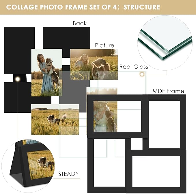4x6 Collage Picture Frame Tempered Glass Front, Displays Four 4x6 Photo, Family Photo Collage Frame, Wall Decor Wall Hanging or Tabletop, Black