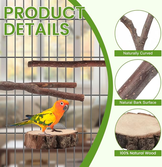 9 Pcs Apple Wood Bird Perch, Platform & Rope Set for Cage | Natural cotton material for foot comfort; natural apple wood for safe chewing; easy tool-free wing-nut setup.