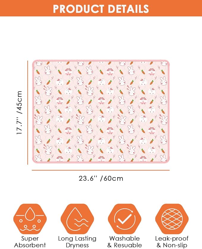 Bissap 2‑Pack Guinea Pig Cage Liners, 18''X24'' Pet Pee Pad Bedding, Pink | Non‑slip Waterproof TPU Layer, Super Absorbent, Washable Reusable Bedding for Guinea pig, Rabbit, Hamster, Chinchilla, Rat