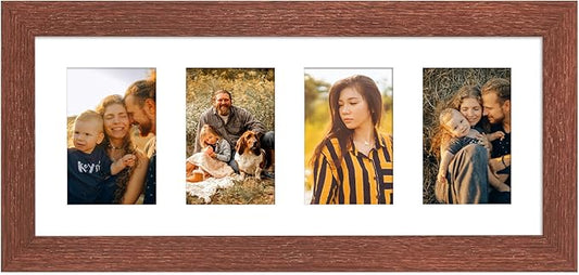 8x20 Picture Frame Display 4 opening 4X6 Picture Frame Collage,Multi Photo Frame with Mat,Plexiglass,Wall or Tabletop Decor,Walnut Wood Grain