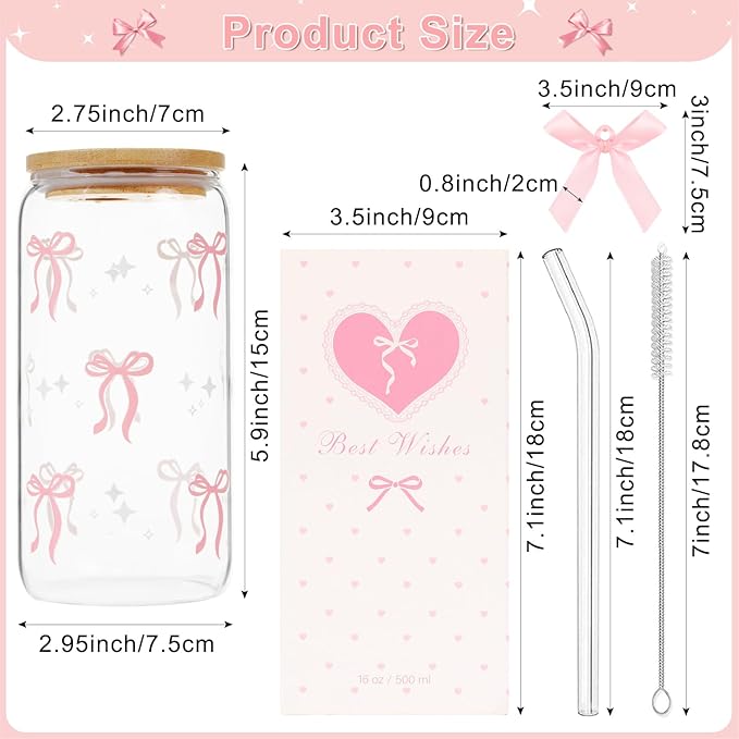 Coquette Pink Bow Glass Cup with Lids and Straws, 16 oz Cute Glass Cup, Aesthetic Iced Coffee Tumbler with Gift Box Cleaning Brush for Teen Girls Gifts Trendy Stuff Women Girlfriends Gifts