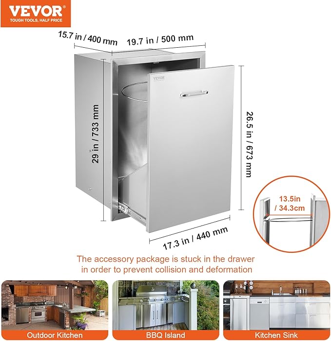 VEVOR Outdoor Kitchen Trash Drawer, 19.7"W x 29"H x 15.7"D Inch, Outdoor Kitchen Drawers Cabinets, Stainless Steel BBQ Island Drawers, Trash Pull Out Drawer, BBQ Trash Bin, Outdoor Grill Drawers