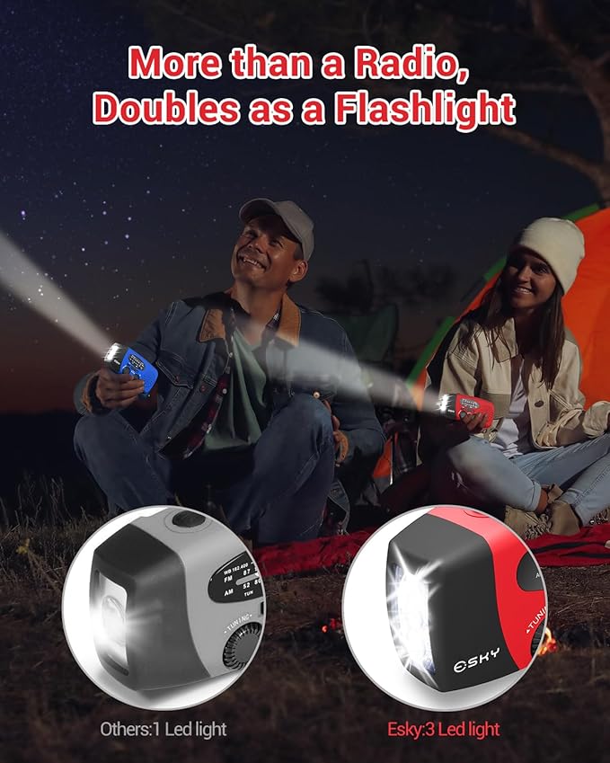 Esky Emergency Hand Crank Radio 7400mWh with 3 LED Flashlight, AM/FM/NOAA Portable Weather Radio with Rechargeable 2000mAh Battery, Solar Powered Radio for Indoor Outdoor Survival Camping, SOS Alarm