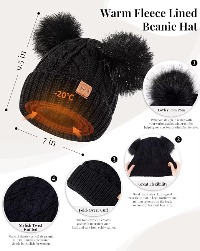 Winter Hat Scarf Glove Set for Women, Fleece Lined Beanie with Double Pom Pom, Touchscreen Gloves Knit Scarf for Cold Weather