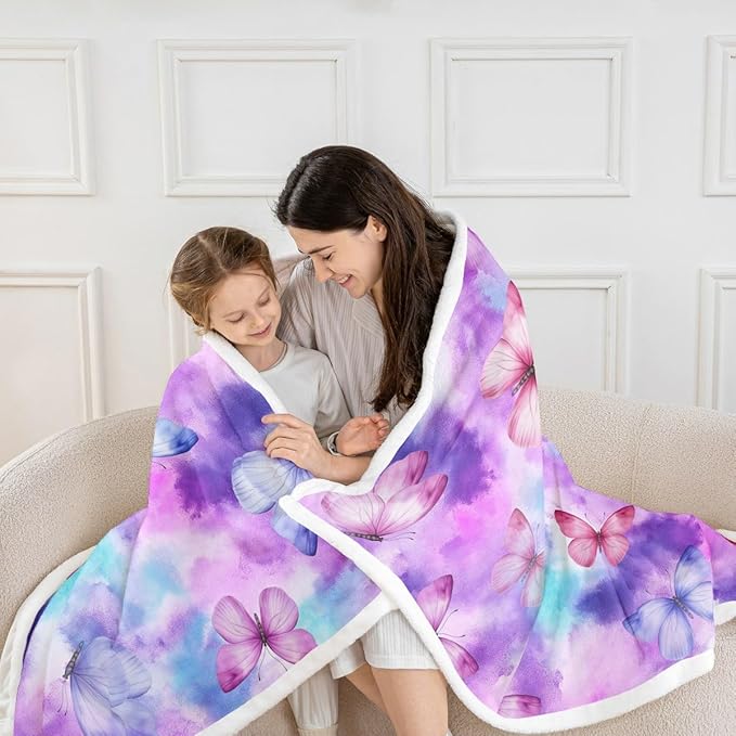 Feelyou Girls Butterfly Fleece Throw Blanket 40"x50" Kids Tie Dye Watercolor Sherpa Blanket Plush Fuzzy for Bed Couch Chair Living Room, Dreamy Girly Bed Blanket Colorful Room Decor