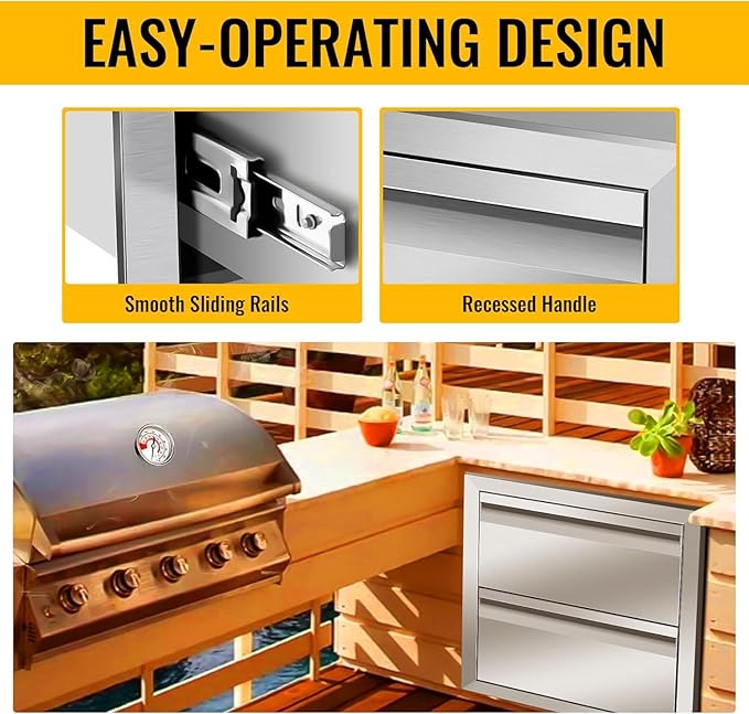 Outdoor Kitchen Drawers Stainless Steel 18W X 15H X 23D Inch, Flush Mount Double BBQ Island Drawers with Hidden Handle for Outdoor Kitchens, Patio or Grill Station