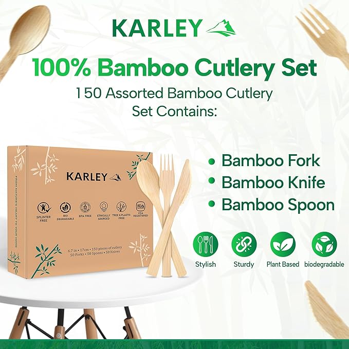 Karley Bamboo Utensils 150Pcs Set – Compostable Cutlery Set for Picnic, Parties – Heavy Duty Disposable Silverware Includes Wooden Spoons for Eating, Forks, Knives – Zero Plastic Disposable Cutlery