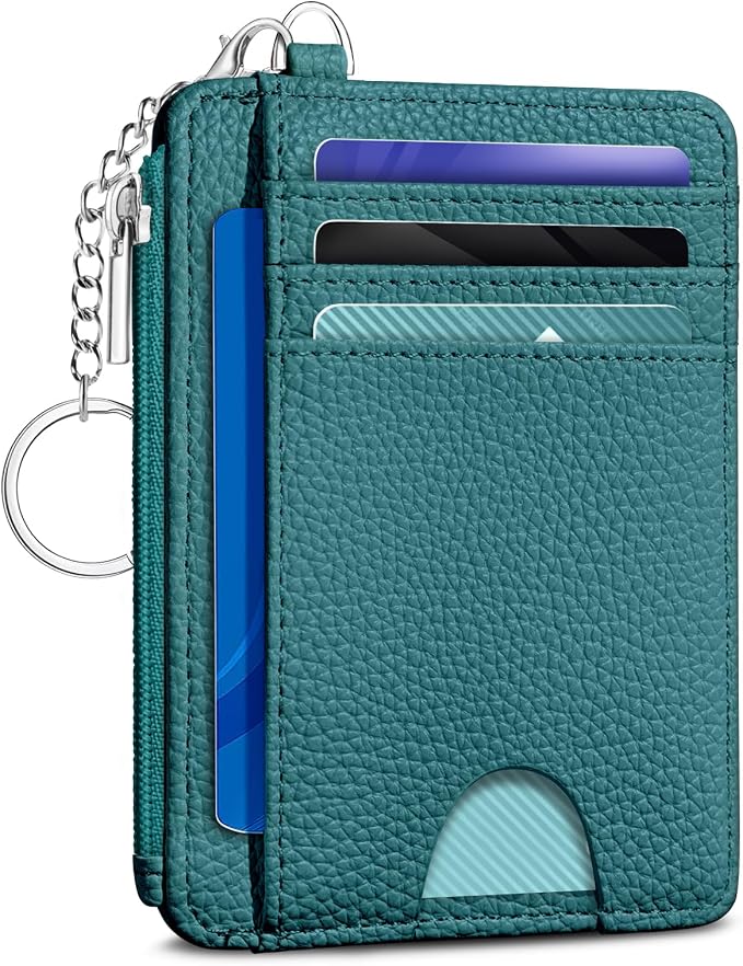 Kelvoris Credit Card Holder Small Wallet Women, Slim RFID, Teal Blue | Keychain, Zipper Coin Pocket, Front Pocket Thin Travel Card Case, Minimalist, 6 Card Slots, 1 ID Window, Ladies Gifts Woman